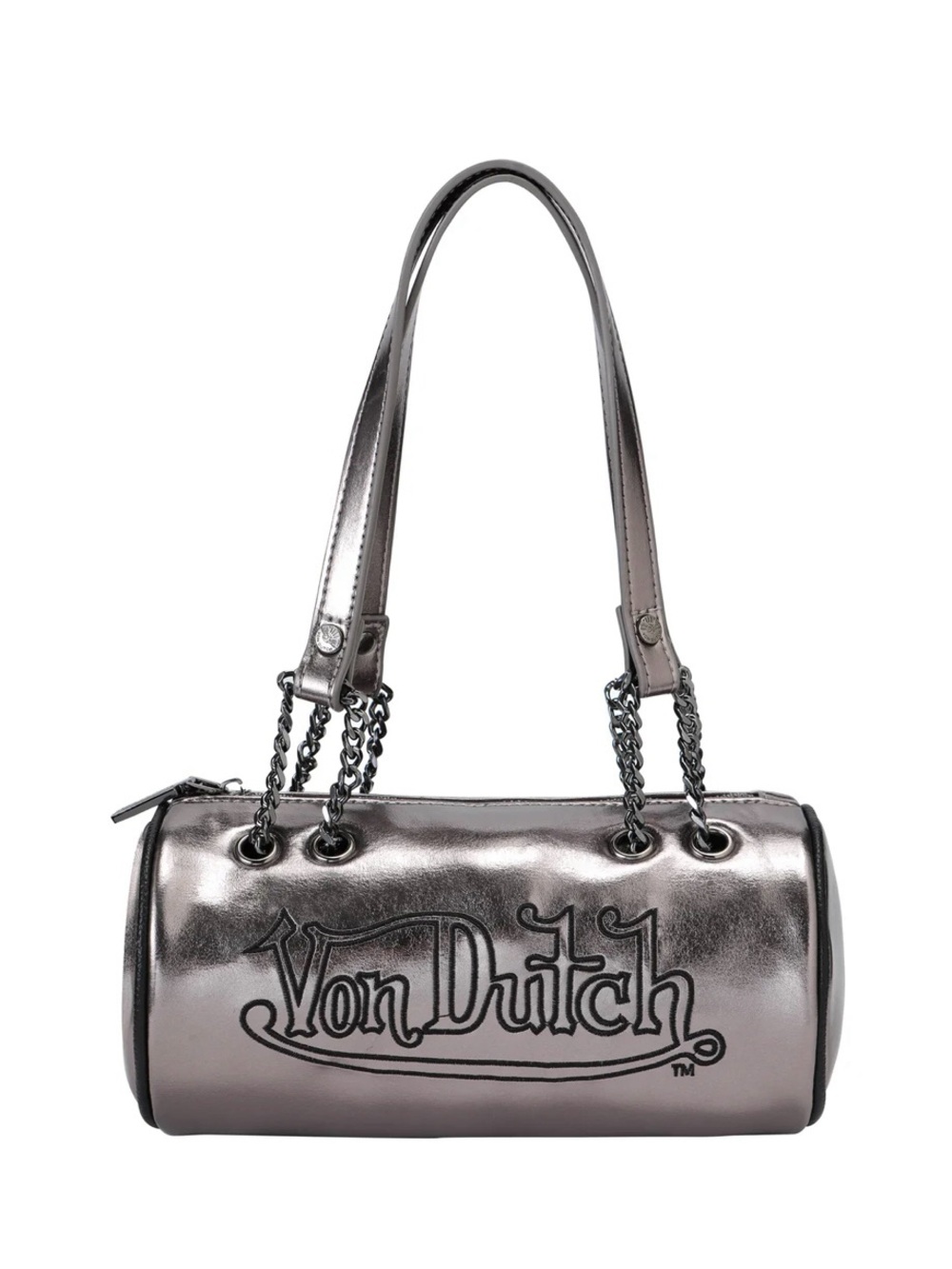 Von Dutch Silver Metallic Barrel Shoulder Bag with Chain Straps
